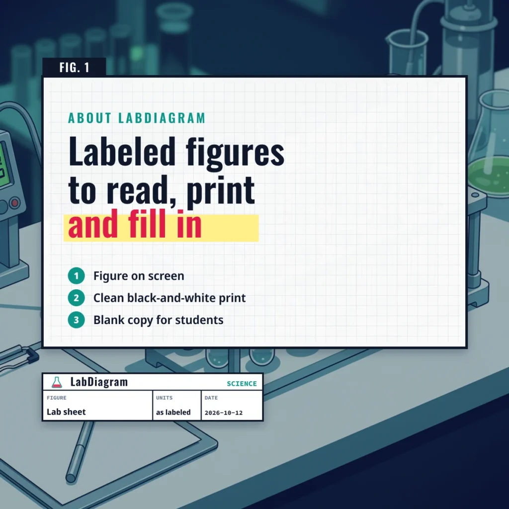 About LabDiagram: labeled science figures to read on screen, print in black and white and fill in