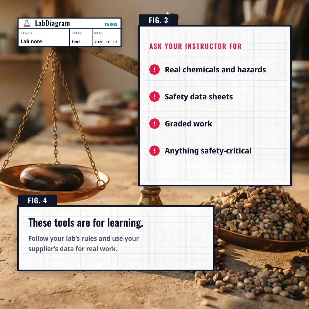 Not for safety-critical lab work: ask your instructor about real chemicals, safety data sheets and graded work